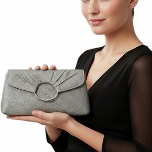 Jessica McClintock Bag Silver Glitter Envelope Clutch Evening Cocktail Prom Glam